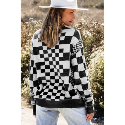 Black Checkered Print Drop Shoulder Round Neck Sweater