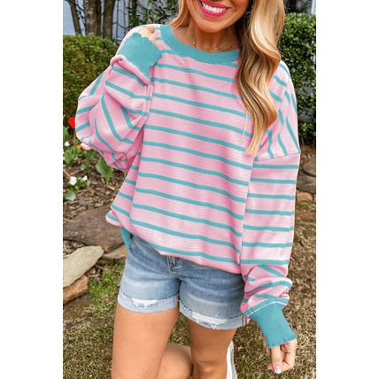 Pink Stripe Trimmed Round Neck Drop Shoulder Loose Sweater