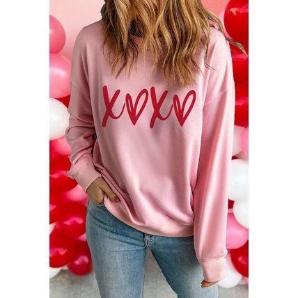 Pink Heart XOXO Graphic Crewneck Drop Shoulder Valentines Sweatshirt