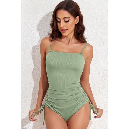 Laurel Green Ribbed Drawstring Sides Cutout One Piece Swimsuit
