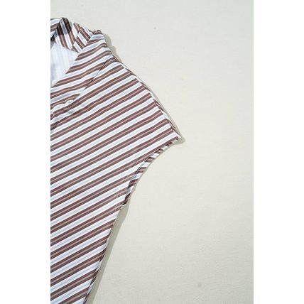 Chestnut Striped Stand V Neck Short Sleeve Blouse