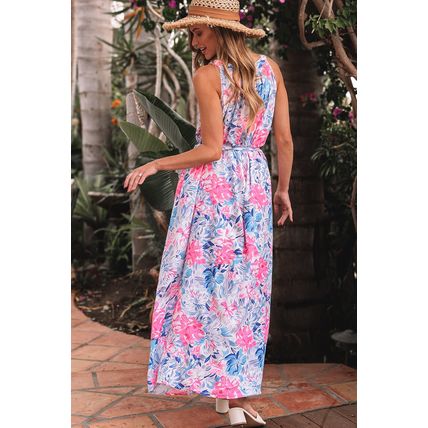 Sky Blue Floral Printed Sleeveless O Neck Knot Waist Maxi Dress