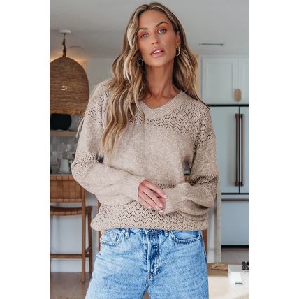 Brown Eyelet Pattern Detail V Neck Drop Shoulder Sweater