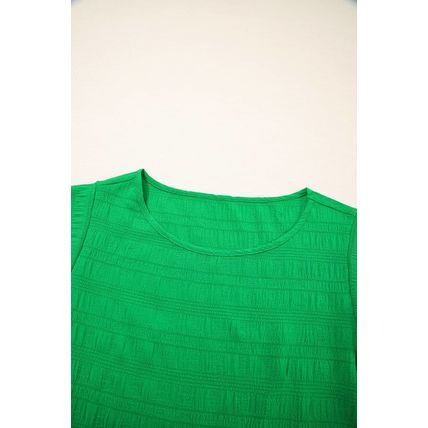 Dark Green Textured Ruffled Sleeve Round Neck Top