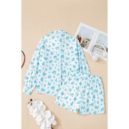 Sky Blue Floral Striped Print Contrast Patched Pocket Shirt and Shorts Set