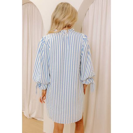 Sky Blue Stripe Knotted Bracelet Sleeve Notched Neck Shift Mini Dress