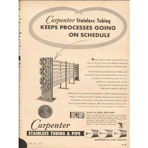 carpenter steel company 1953 stainless tubing processes oil vintage ad