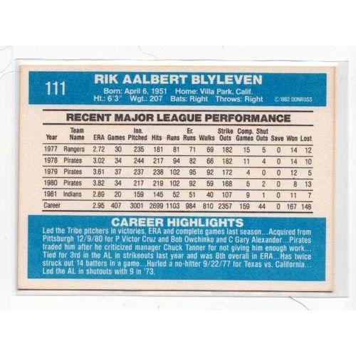 1982 Donruss Bert Blyleven baseball card #111 – Indians