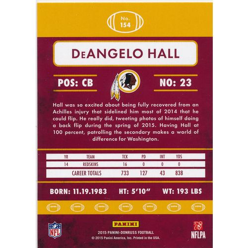 2015 Donruss Football 154 DeAngelo Hall Washington Redskins