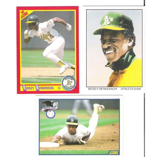Three 1990 Score baseball Rickey Henderson cards – 360, 686, 698 –Athletics HOF
