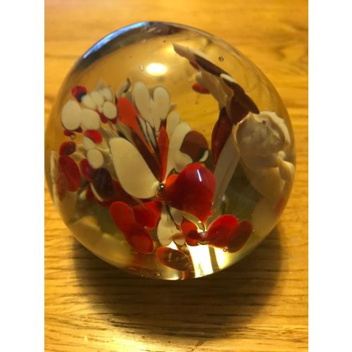 Glass Paper Weight with Red and White Flowers