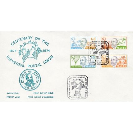 Malta 1974 Centenary Postal Union FDC Valletta special Cancel Unaddressed VGC