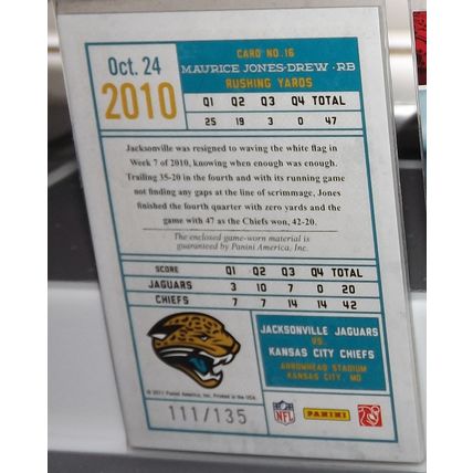 2011 Timeless Treasures MAURICE JONES-DREW (Jaguar) Gameday Souvenir #16 111/135