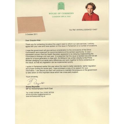 Emma Reynolds Wolverhampton Labour MP Hand Signed HOC Letter
