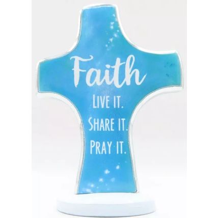 Faith Live It Share It Pray It Cross Metal Freestanding Blue & White 8 CM Christ