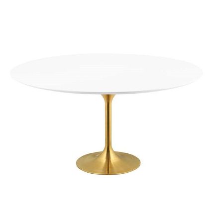 60" White Round Tulip Pedestal Stem Dining Table Lacquered Wood Top & Gold Base