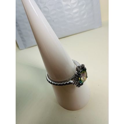 Bomb Party Sz8 Revealed BP Ring Jewelry RBP Flower, Green/Rainbow Gem Rhodium P