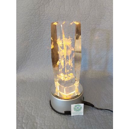 6" TALL CRYSTAL PILLAR LASER ETCHED DESIGN + LED AURORA LIGHTING EFFECT STAND
