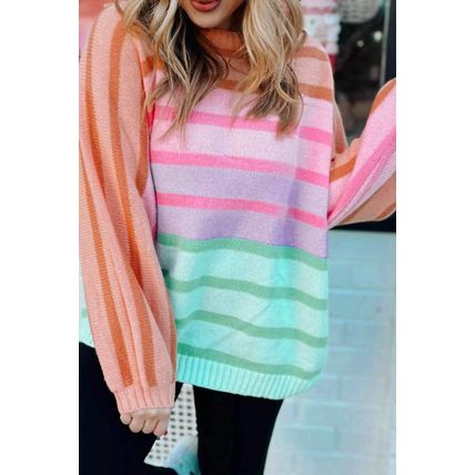 Multicolour Gradient Striped Ribbed Edge Loose Sweater