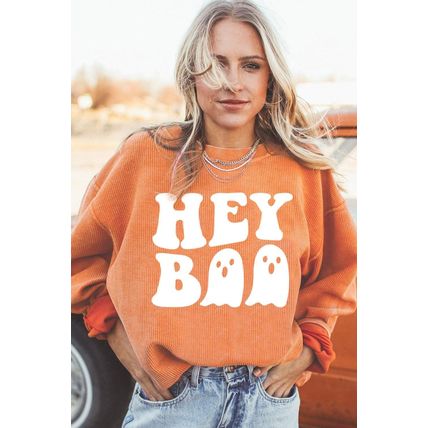 Orange Halloween Hey Boo Ghost Print Loose Sweatshirt
