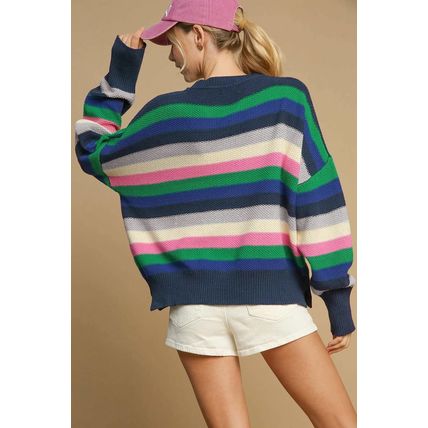 Bright Green Rainbow Striped Crew Neck Drop Shoulder Sweater