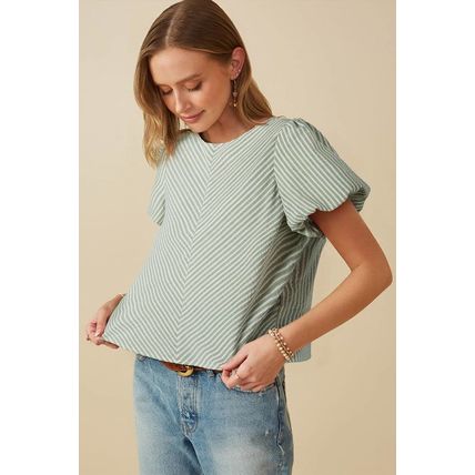 Green Stripe Textured Round Neck Short Puff Sleeve Blouse