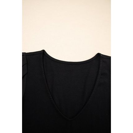 Black Mesh Ruffled Sleeve Slim Fit V Neck Top