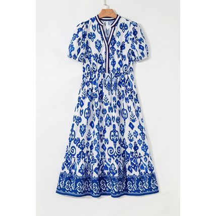 Blue Floral Puff Short Sleeve V Neck High Waist Maxi Dress