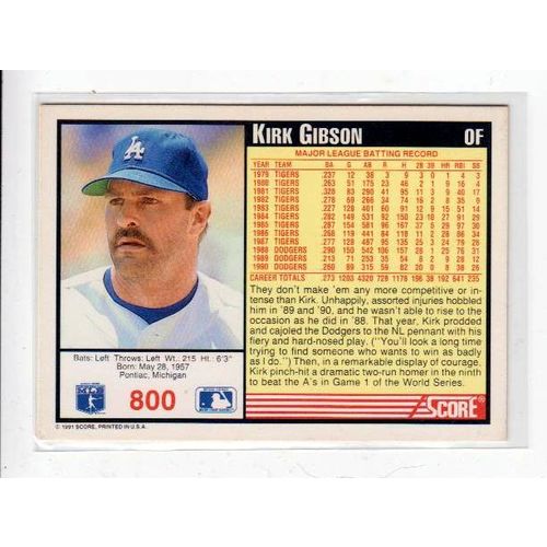 1991 Score Kirk Gibson baseball card #800 – Dodgers