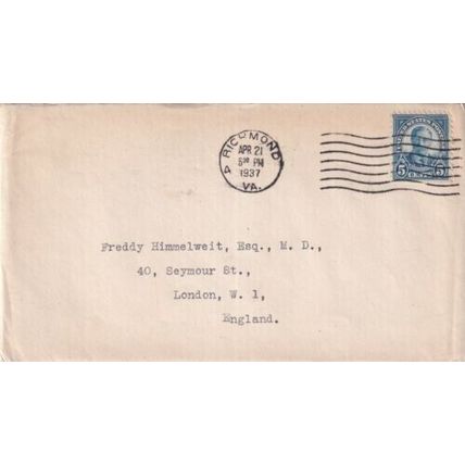 United States 1937 Richmond VA-London UK Cover Richmond cancel typed VGC