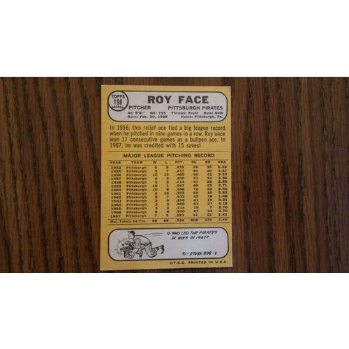 1968 Topps Card # 198 Roy Face Good (2) Pittsburgh Pirates