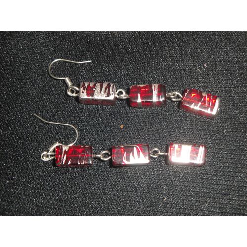 Unique 3 red oblong glass with freehand silver overlay 60mm long drop earrings
