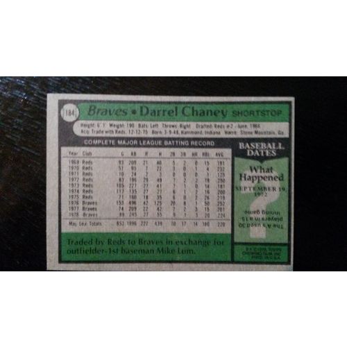 1979 Topps Card # 184 Darrel Chaney Excellent (5) Atlanta Braves