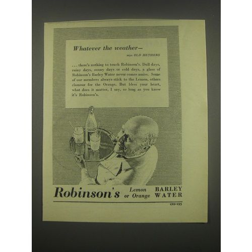 1949 Robinson's Barley Water Ad - Whatever the weather - says Old Hethers