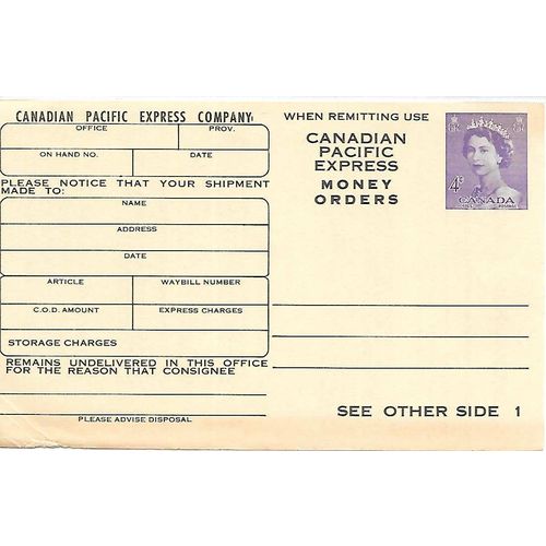 Canada #RKP85a Postal Card MINT Karsh, CPR Railway Advice Card, fancy logo