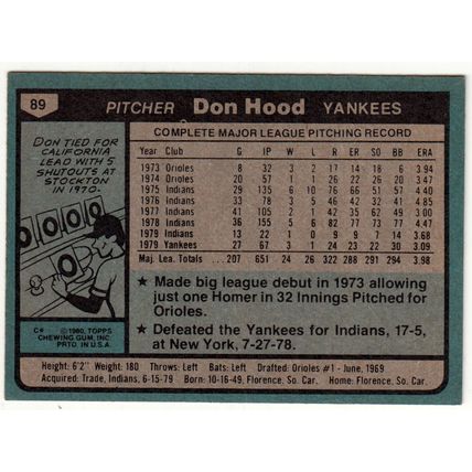 1980 Topps baseball card 89 Don Hood - Yankees