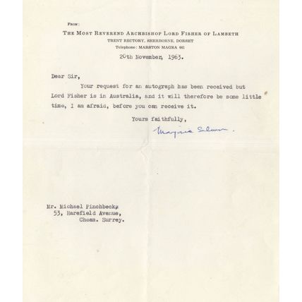Archbishop Lord Fisher Of Lambeth Autograph Request 1963 Letter