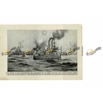 Americans Destroy Cervera's Fleet, Santiago, Cuba, Book Illustration, 1909