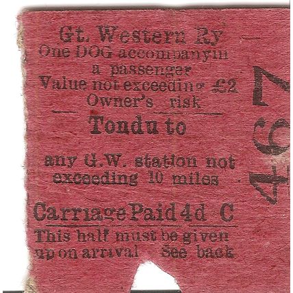 G.W.R. Edmondson Dog Ticket - Tondu