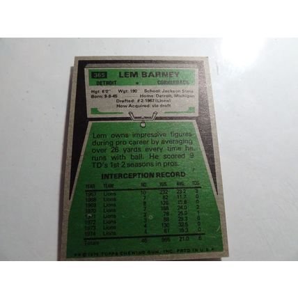 1975 Topps Football Card # 365 Lem Barney VG-Ex (4) Detroit Lions
