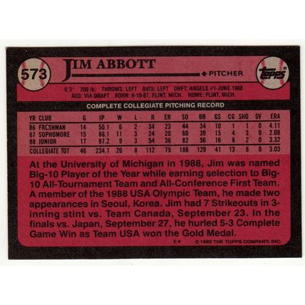 1989 Topps Jim Abbott rookie RC baseball card #573 – Angels
