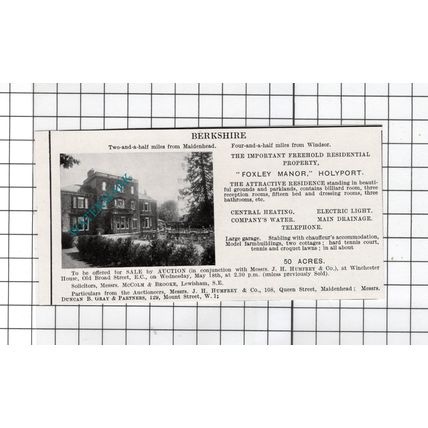 Foxley Manor Holyport Berkshire - 1927 Small House Sale Advert