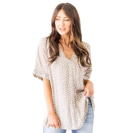 Apricot Chloe Animal Print V-neck Rolled Sleeve Tunic Top