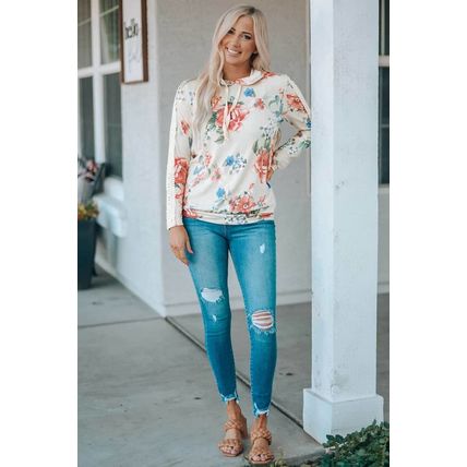 Apricot Floral Print Lace Contrast Long Sleeve Hoodie