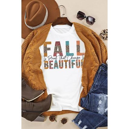 White FALL BEAUTIFUL Leopard Print Short Sleeve T Shirt