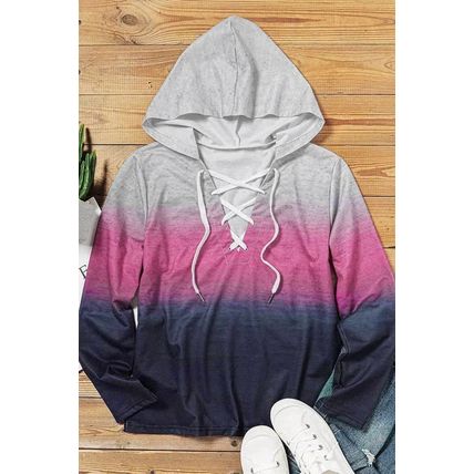 Pink Gradient Lace Up Long Sleeve Pullover Hoodie