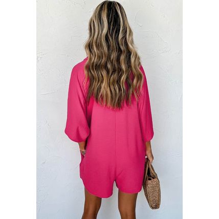 Bright Pink Half Button Collared Loose Romper