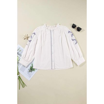 White Floral Embroidered Bracelet Sleeve Shirt