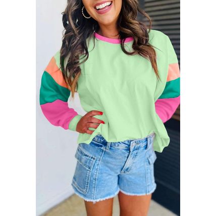 Green Colorblock Patchwork Long Sleeve Loose Top
