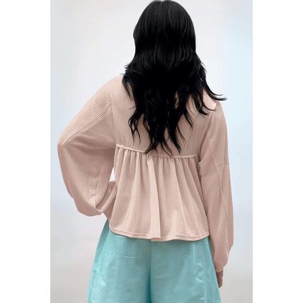 Parchment Corded Turn-down V Neck Bubble Sleeve Babydoll Blouse
